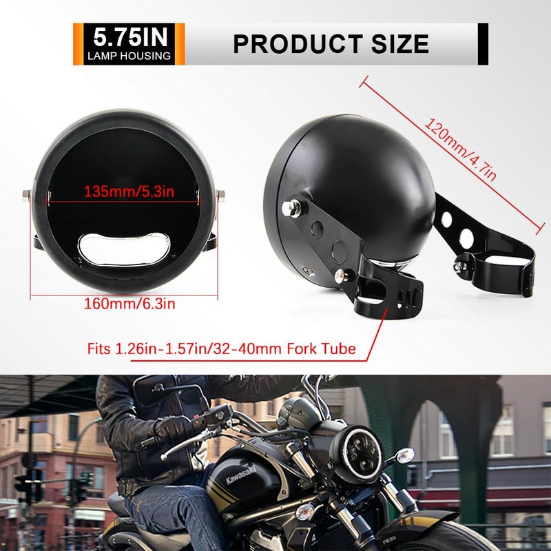 Autokun 5.75 Inch Headlight Bucket Universal 5 3/4 Motorcycle Led Headlight Housing w/Mounting Brackets Fit 32-40mm Fork Tube - Image 2